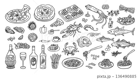 Hand Drawn Mediterranean Food Illustration Set Inspired By Italian And Spanish Nautical Cuisine Hand Drawn Mediterranean Food Illustration Set Inspired By Italian And Spanish Nautical Cuisine 136490885