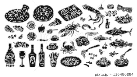 Hand Drawn Mediterranean Food Illustration Set Inspired By Italian And Spanish Cuisine Doodle Style 136490894