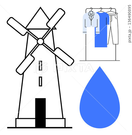 Sustainability, water conservation, renewable energy, green lifestyle, fashion, minimalism. Windmill, clothing rack with garments and a blue water droplet. Renewable energy and water conservation 136490895