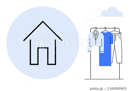 Ecommerce, home organization, retail, clothing storage, apparel shopping, minimalist living. Clothing rack with garments beside a simple house symbol. Ecommerce and home organization concepts Ecommerce, home organization, retail, clothing storage, apparel shopping, minimalist living. Clothing rack with garments beside a simple house symbol. Ecommerce and home organization concepts 136490905