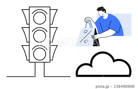 Traffic systems, digital shopping, cloud storage, urban planning, e-commerce growth, technology. A traffic light, a person holding shopping bags and a cloud. Traffic systems and digital shopping Traffic systems, digital shopping, cloud storage, urban planning, e-commerce growth, technology. A traffic light, a person holding shopping bags and a cloud. Traffic systems and digital shopping 136490906
