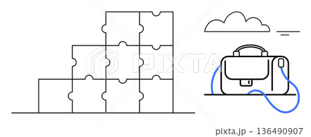 Business strategy, career development, teamwork, problem solving, organization, entrepreneurship. Stacked puzzle pieces and a briefcase icon with a cloud. Business strategy and career development Business strategy, career development, teamwork, problem solving, organization, entrepreneurship. Stacked puzzle pieces and a briefcase icon with a cloud. Business strategy and career development 136490907