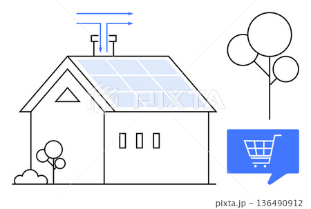 Renewable energy, sustainability, eco-friendly housing, technology, e-commerce, smart home. A house with solar panels, trees and a shopping cart diagram. Renewable energy and sustainability concepts 136490912