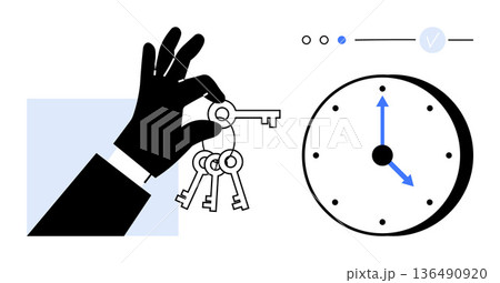 Time management, access control, security, deadlines, planning, efficiency. A hand holding keys near a clock. Time management and access control concepts are highlighted effectively 136490920