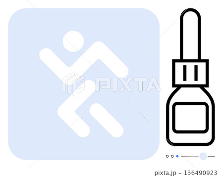 Healthcare, fitness, wellness, hydration, exercise routine, medical products. A minimalist running figure icon with an eye dropper bottle on a simple background. Healthcare and fitness Healthcare, fitness, wellness, hydration, exercise routine, medical products. A minimalist running figure icon with an eye dropper bottle on a simple background. Healthcare and fitness 136490923