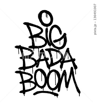 Graffiti-style Big Bada Boom text with black dripping spray on white. Graffiti-style Big Bada Boom text with black dripping spray on white. 136491007