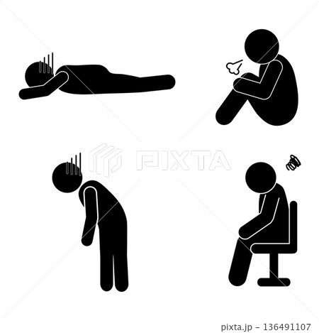 うなだれる・落ち込んでいる人のシルエットイラストセット	 136491107