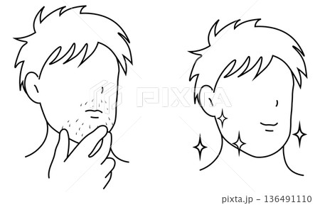 男性の顎ひげ脱毛・ビフォーアフターの線画イラスト	 136491110