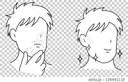 男性の顎ひげ脱毛・ビフォーアフターの線画イラスト	 136491110