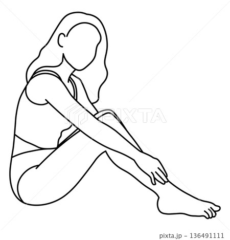 膝を抱えて座る女性の線画イラスト（顔なし・美容イメージ）	 136491111