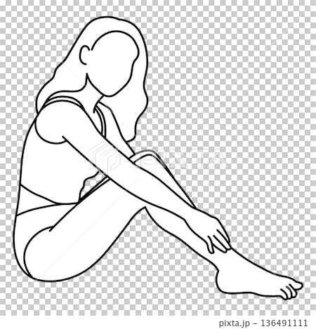 膝を抱えて座る女性の線画イラスト（顔なし・美容イメージ）	 136491111