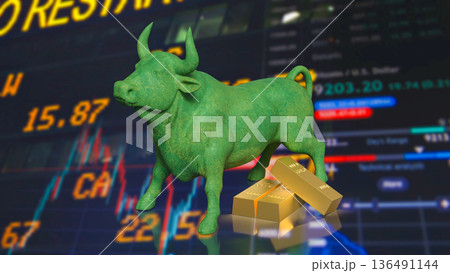 Green Bull Market Symbol With Gold Bars And Rising Stock Chart 3d render. 136491144