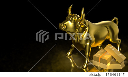 Golden Bull Market Symbol With Gold Bars On Black Background 3d render. Golden Bull Market Symbol With Gold Bars On Black Background 3d render. 136491145