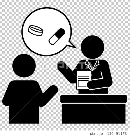 Pictogram of a person receiving medication explanation from a pharmacist 136491178