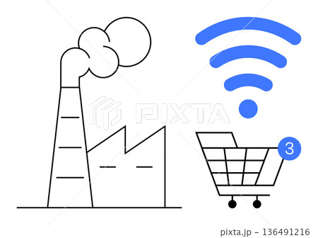 E-commerce, industry connectivity, online retail, modern manufacturing, supply chain, wireless technology. Factory outlines and shopping cart with signal icon. E-commerce and industrial connection E-commerce, industry connectivity, online retail, modern manufacturing, supply chain, wireless technology. Factory outlines and shopping cart with signal icon. E-commerce and industrial connection 136491216