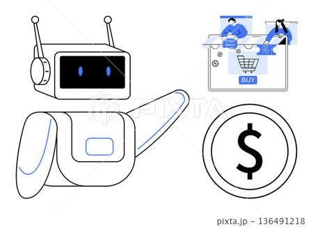 Automation, e-commerce, digital payments, online shopping, AI technology, transaction security. Robot with screen face, shopping cart and dollar symbol. E-commerce and automation concept 136491218