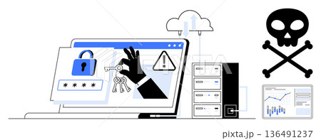 Data protection, hacking alert, system security, online threats, cybercrime prevention, cloud safety. A hand holding keys near a locked screen, warning symbols and a skull icon. Data protection Data protection, hacking alert, system security, online threats, cybercrime prevention, cloud safety. A hand holding keys near a locked screen, warning symbols and a skull icon. Data protection 136491237