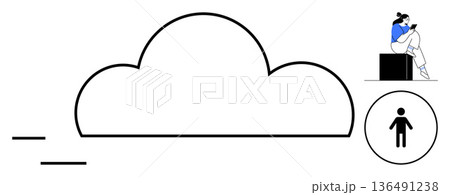 Data storage, remote connectivity, personal reflection, cloud computing, digital transformation, technology. Large cloud outline with a person sitting above and another inside a circle. Data storage 136491238