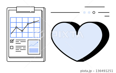 Business growth, health, analytics, wellness, statistics, progress tracking. A clipboard with a chart and a heart symbol. Business growth and health monitoring concept 136491251