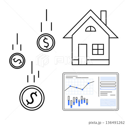 Real estate, investments, financial planning, market analysis, wealth growth, housing market. A house, dollar coins and financial charts. Real estate and investments concept 136491262