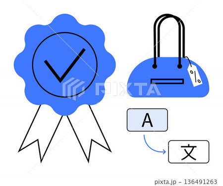 Product authentication, translation services, language localization, branding, verification, quality standards. Blue badge, handbag with tag text box for language conversion. Product authentication 136491263