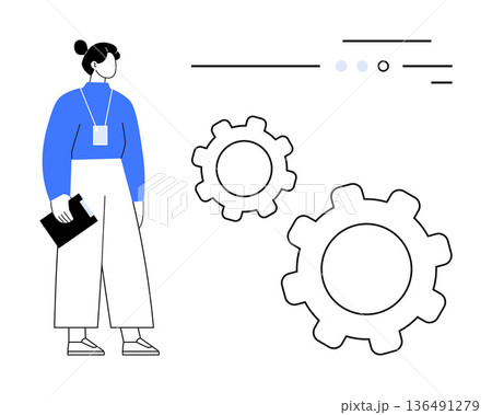 Business strategy, teamwork, workflow management, technical support, operations, systems thinking. A professional holding a clipboard next to gears. Business strategy and teamwork concept 136491279