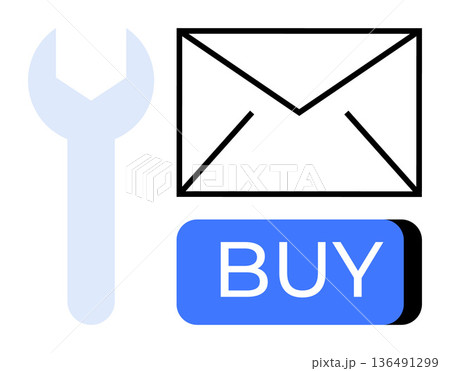 E-commerce, email marketing, online shopping, communication tools, digital transactions, technology services. Icon of an envelope, wrench and a buy button. E-commerce and email marketing E-commerce, email marketing, online shopping, communication tools, digital transactions, technology services. Icon of an envelope, wrench and a buy button. E-commerce and email marketing 136491299
