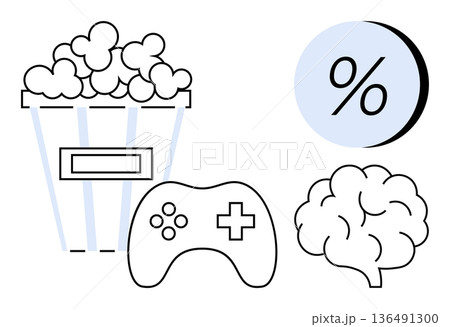 Entertainment, gaming, creativity, discounts, media concepts, brainstorming. Popcorn bucket, game controller brain and percentage symbol. Entertainment and gaming 136491300