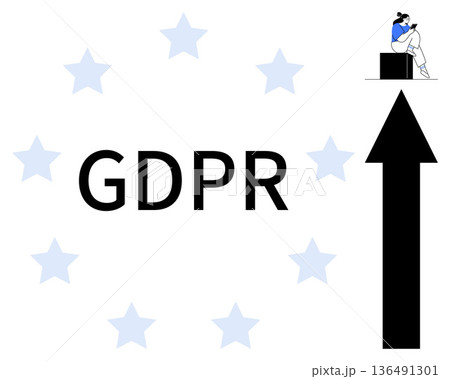 Data privacy, GDPR compliance, digital security, user rights, data protection, regulatory policies. Text GDPR surrounded by stars, arrow and a figure sitting on a block. Data privacy and GDPR Data privacy, GDPR compliance, digital security, user rights, data protection, regulatory policies. Text GDPR surrounded by stars, arrow and a figure sitting on a block. Data privacy and GDPR 136491301