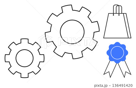 Business management, quality assurance, efficiency, process optimization, commerce, achievement. Two gears, shopping bag ribbon with seal. Business management and quality assurance concepts 136491420