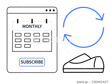 E-commerce, subscription services, retail shopping, shoe rentals, sustainability, recurring payments. Graphic with monthly calendar, subscribe button arrows and shoe. E-commerce and subscription 136491427