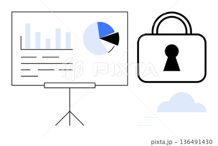 Data privacy, cloud protection, cybersecurity analytics, secure storage, technology solutions, statistics. A whiteboard with charts and a lock icon. Data privacy and cloud protection concept 136491430