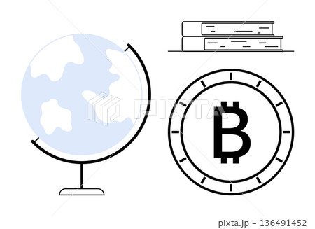 Global trade, cryptocurrency, education, digital economy, financial literacy, innovation. A globe, Bitcoin coin symbol and stacked books. Global trade and cryptocurrency in a modern context 136491452