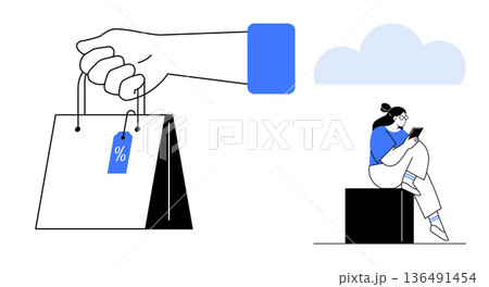 E-commerce, retail, digital transactions, online purchasing, sales promotion, innovation. A hand holds a shopping bag with a discount tag, a woman uses a smartphone. E-commerce and retail concept E-commerce, retail, digital transactions, online purchasing, sales promotion, innovation. A hand holds a shopping bag with a discount tag, a woman uses a smartphone. E-commerce and retail concept 136491454