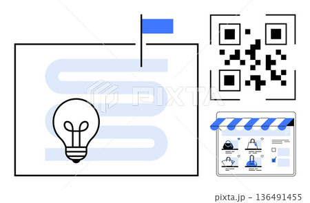 Online business, digital strategy, QR technology, e-commerce, innovation, branding solutions. Light bulb with flag and QR code next to online store interface. Online business and digital strategy Online business, digital strategy, QR technology, e-commerce, innovation, branding solutions. Light bulb with flag and QR code next to online store interface. Online business and digital strategy 136491455