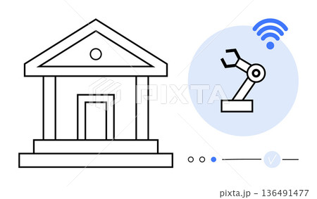 Automation, robotics, wireless connectivity, technology integration, smart institutions, innovation. Outline of a building with a robotic arm and wireless icon. Automation and robotics concept 136491477