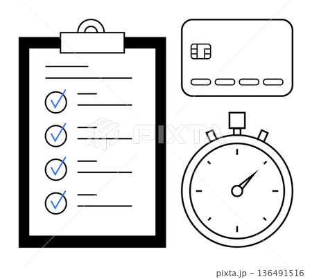 Time management, financial planning, productivity, organization, goal setting, task prioritization. A checklist, credit card and stopwatch. Time management and financial planning visualization 136491516