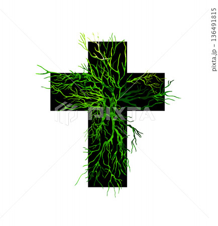 Religious cross made from tree branches. Hand drawn. Not AI, vector illustration 136491815