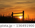 Kansas Farm Fence silhouette at Sunset with the Sun and clouds Kansas Farm Fence silhouette at Sunset with the Sun and clouds 136491900