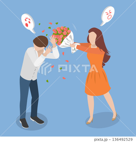 3D Isometric Flat Vector Illustration of Infidelity, BrideS Bouquet Attack Reveals GroomS Betrayal Discovery 136492529