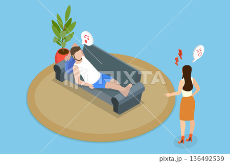 3D Isometric Flat Vector Illustration of Lazy Husband , Argument Between Man and Woman Over Work Refusal While Lounging On Couch 136492539