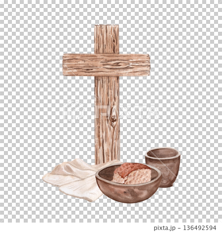 Wooden cross with bread, linen cloth and clay cup watercolor illustration on white background. Religious composition, copy space, ideal for Holy Communion, Eucharist, Lent designs, banners, posters. Wooden cross with bread, linen cloth and clay cup watercolor illustration on white background. Religious composition, copy space, ideal for Holy Communion, Eucharist, Lent designs, banners, posters. 136492594