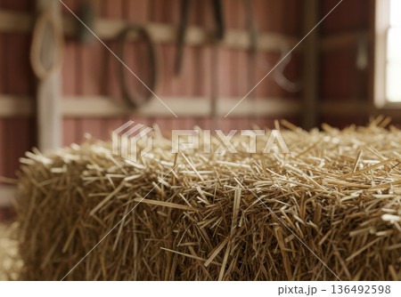 Close-up macro shot of a dry hay bale texture with sharp details in the foreground Close-up macro shot of a dry hay bale texture with sharp details in the foreground 136492598