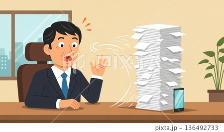 紙の山に圧倒される: DXが必要なオフィス 136492733