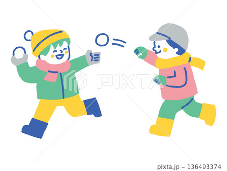 冬に雪合戦を楽しむ子どもたち_色 冬に雪合戦を楽しむ子どもたち_色 136493374