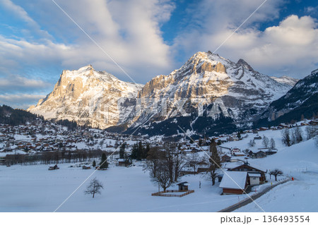 Wetterhorn and Schreckhorn Mountains and Grindelwald Town in Winter. Switzerland 136493554
