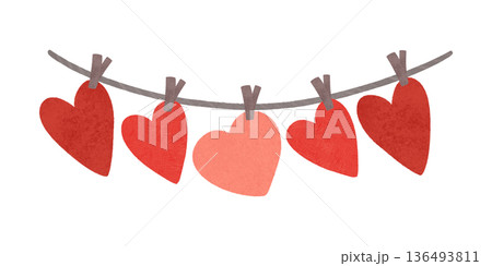 Garland of red hearts for Valentine's Day. Watercolor, pastel. Festive composition in a flat style. Design element for printing, prints, products, prints, packaging, textiles, wallpaper, decorations Garland of red hearts for Valentine's Day. Watercolor, pastel. Festive composition in a flat style. Design element for printing, prints, products, prints, packaging, textiles, wallpaper, decorations 136493811