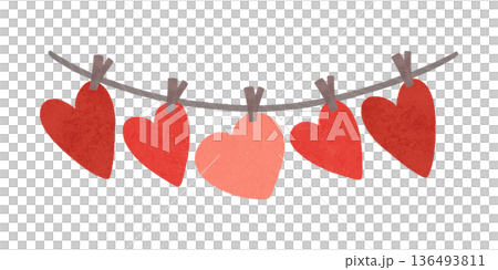 Garland of red hearts for Valentine's Day. Watercolor, pastel. Festive composition in a flat style. Design element for printing, prints, products, prints, packaging, textiles, wallpaper, decorations Garland of red hearts for Valentine's Day. Watercolor, pastel. Festive composition in a flat style. Design element for printing, prints, products, prints, packaging, textiles, wallpaper, decorations 136493811