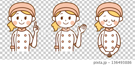 麵包店女店員指點、引導、鞠躬 | 顧客服務、店員、微笑 136493886