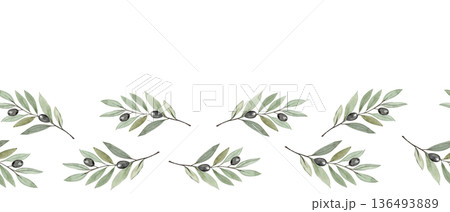 Olive branch horizontal watercolor seamless border isolated on white. Illustration perfect for Christian design, Lent season, devotion projects, religious layouts. Symbol of peace, spiritual renewal. Olive branch horizontal watercolor seamless border isolated on white. Illustration perfect for Christian design, Lent season, devotion projects, religious layouts. Symbol of peace, spiritual renewal. 136493889